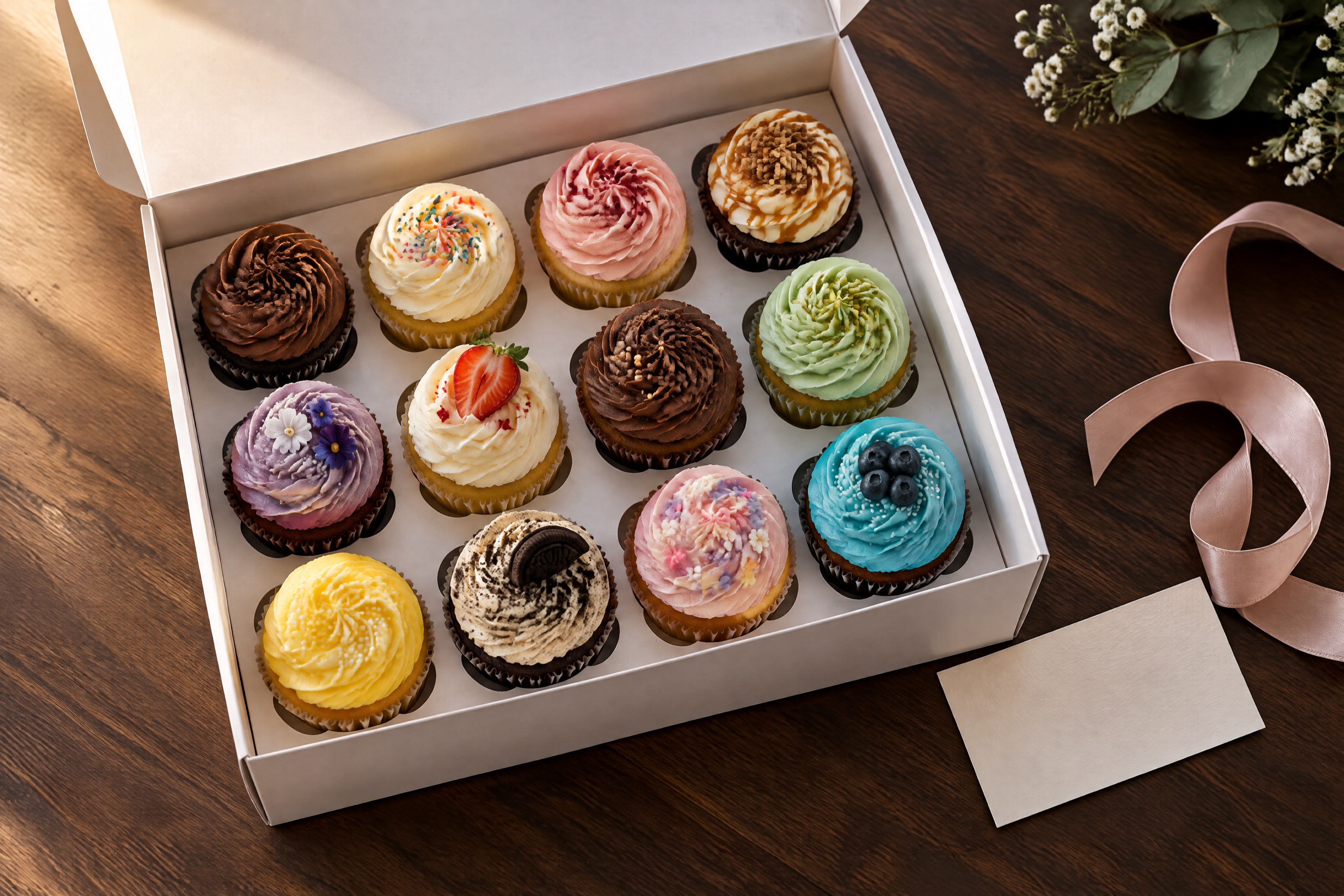 An open gift box holding a dozen colorful frosted cupcakes with a ribbon and a blank card