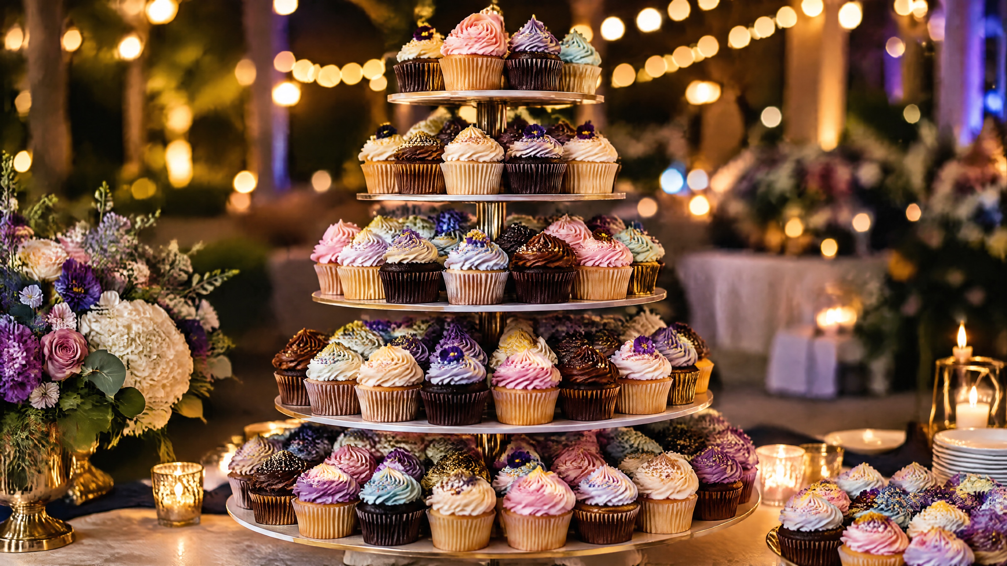 A tiered tower of cupcakes on a party dessert table under string lights